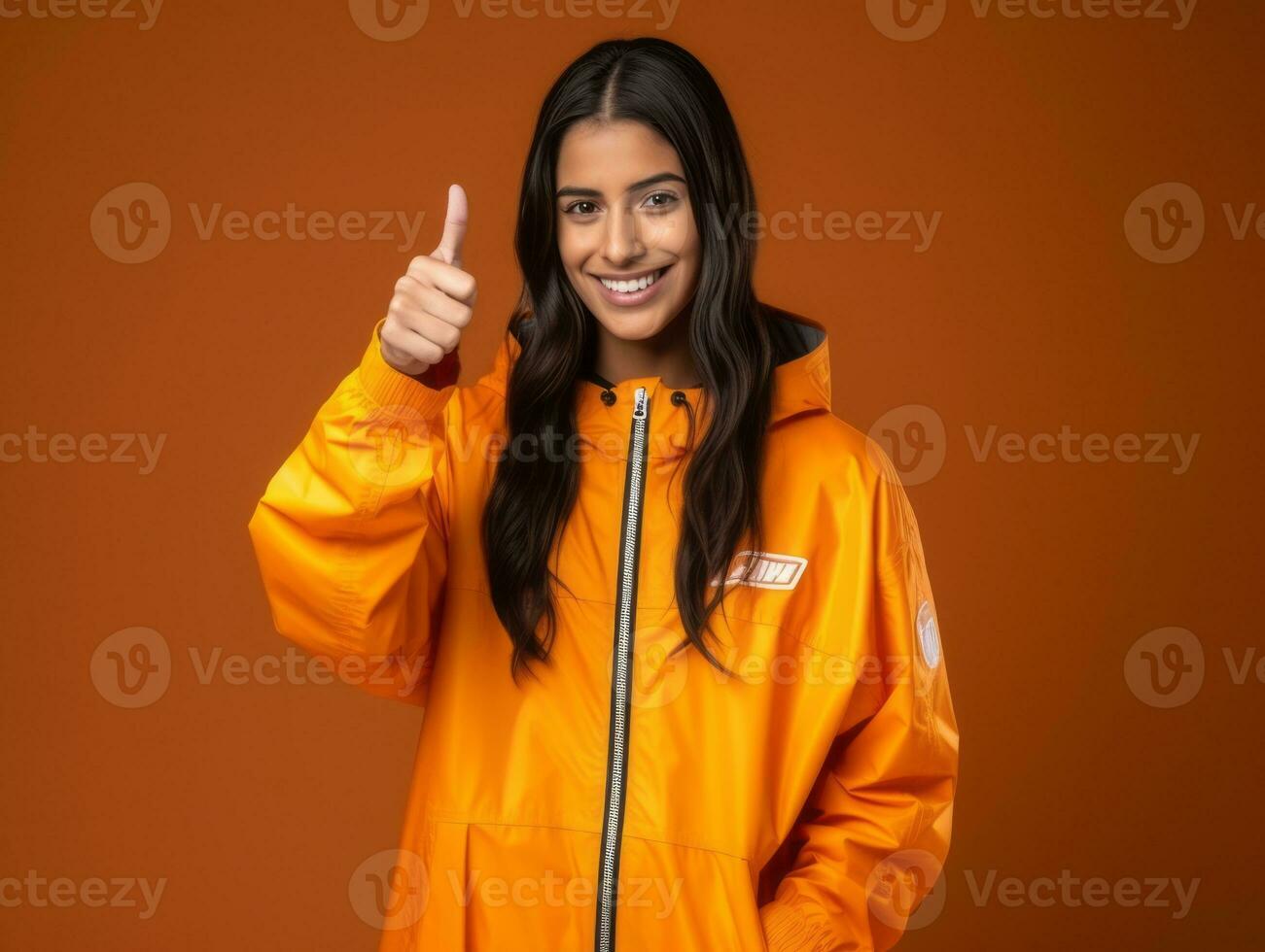 ásia mulher dentro brincalhão pose em sólido fundo ai generativo foto