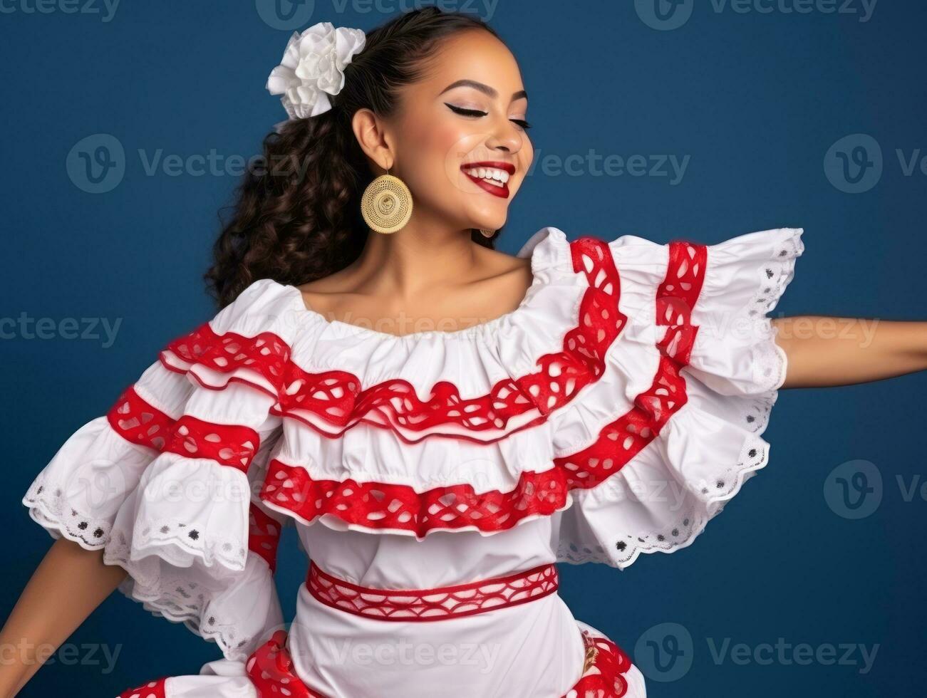 mexicano mulher dentro brincalhão pose em sólido fundo ai generativo foto