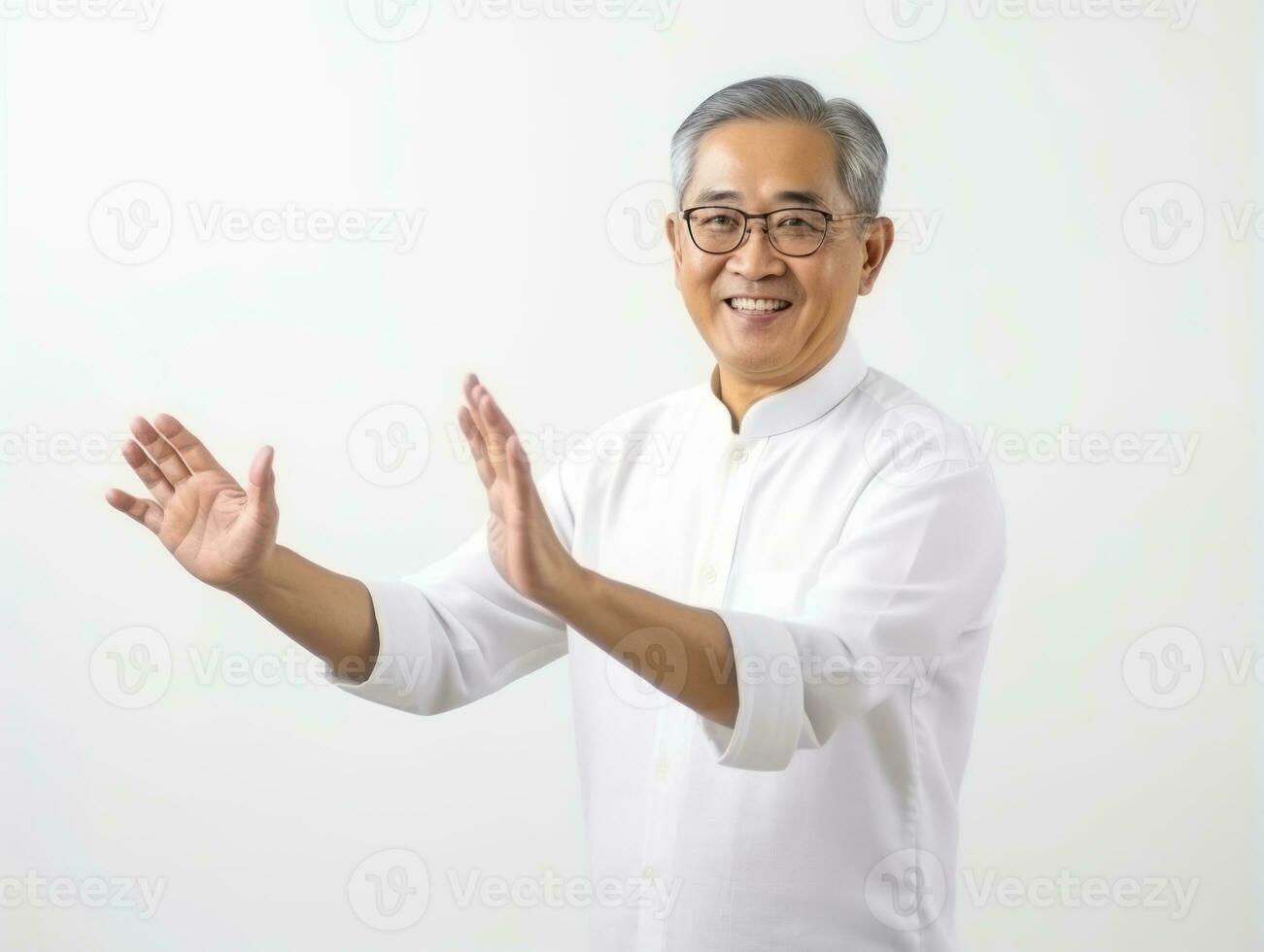 ásia homem dentro emocional dinâmico pose em branco fundo ai generativo foto