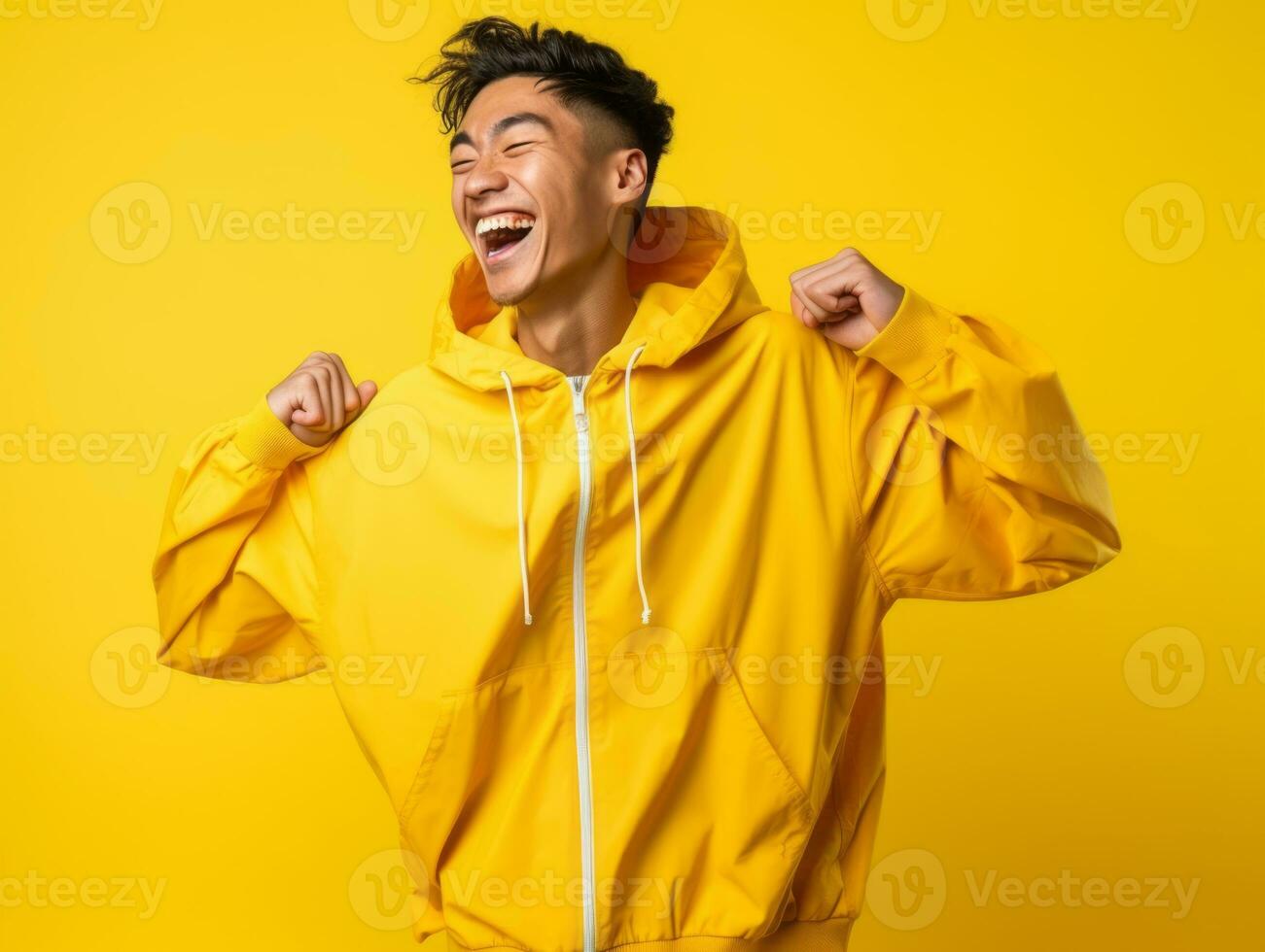 ásia homem dentro brincalhão pose em sólido fundo ai generativo foto