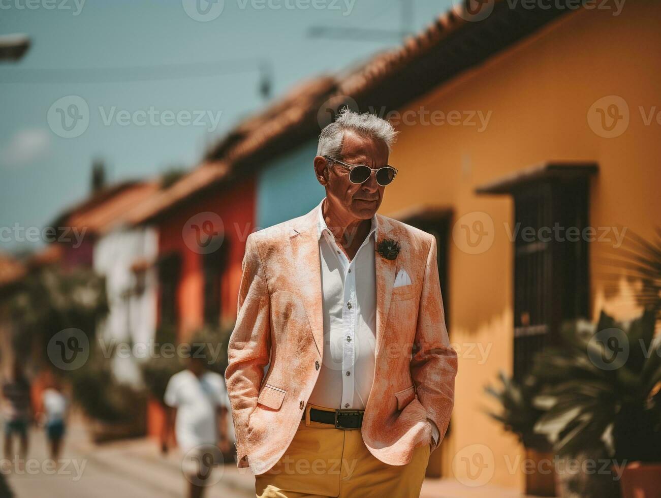 homem goza uma vagaroso passear através a vibrante cidade ruas ai generativo foto