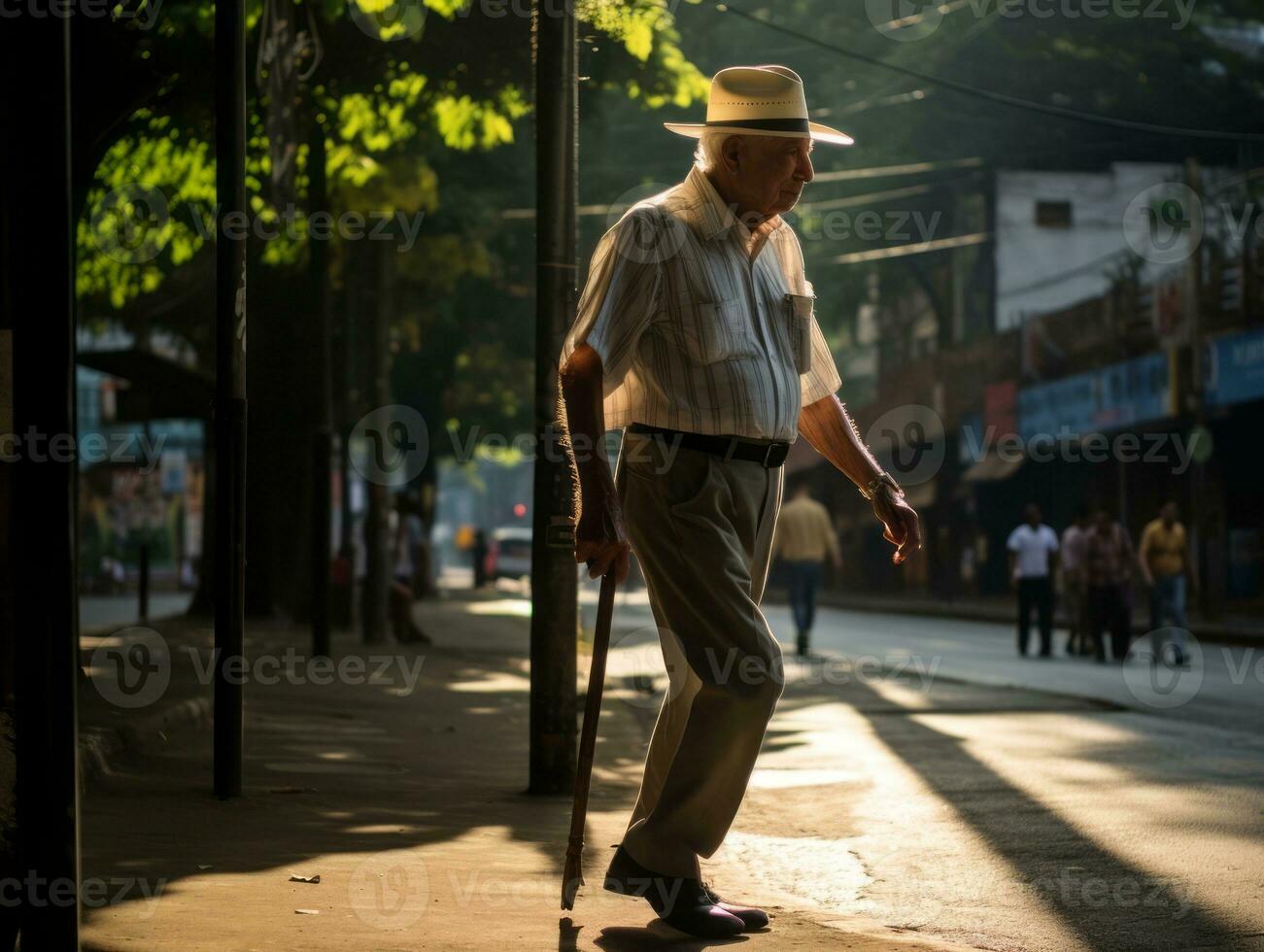 homem goza uma vagaroso passear através a vibrante cidade ruas ai generativo foto