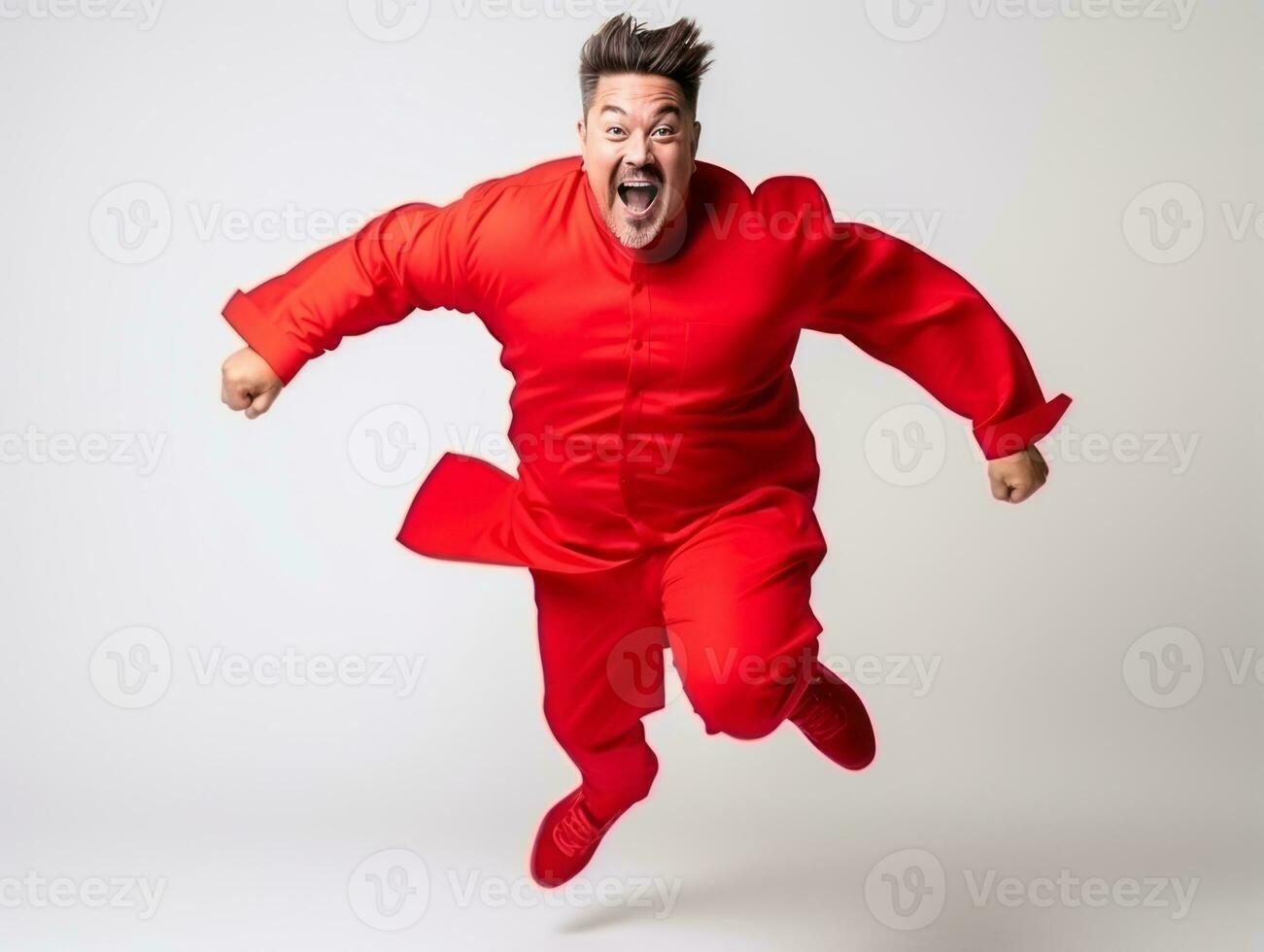 40. ano velho ásia homem dentro brincalhão pose em branco fundo ai generativo foto