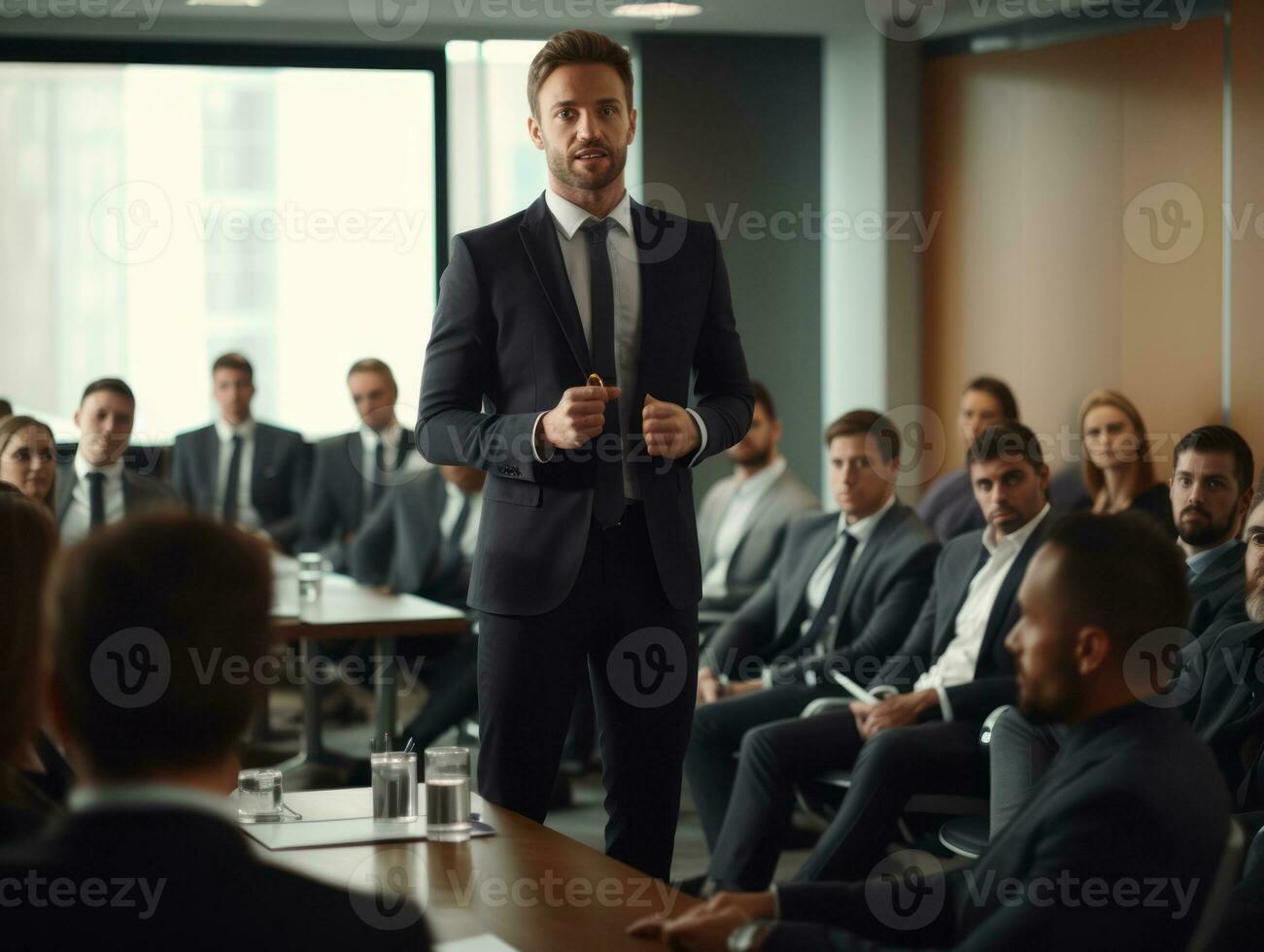 homem dentro uma o negócio encontro conduzindo com confiança ai generativo foto