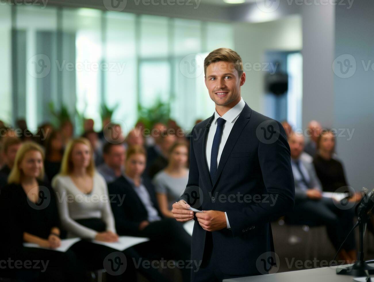 homem dentro uma o negócio encontro conduzindo com confiança ai generativo foto