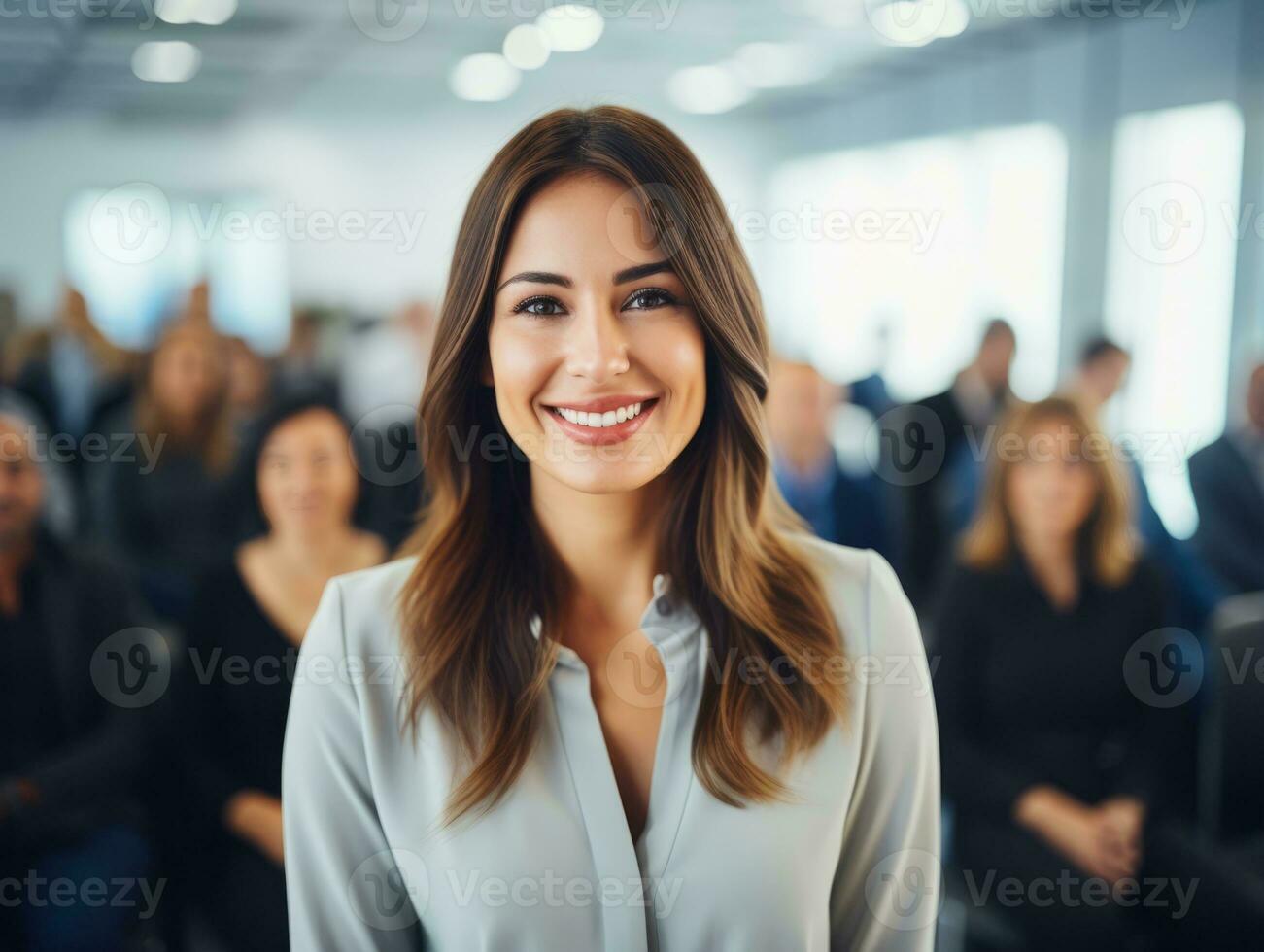 mulher dentro uma o negócio encontro conduzindo com confiança ai generativo foto