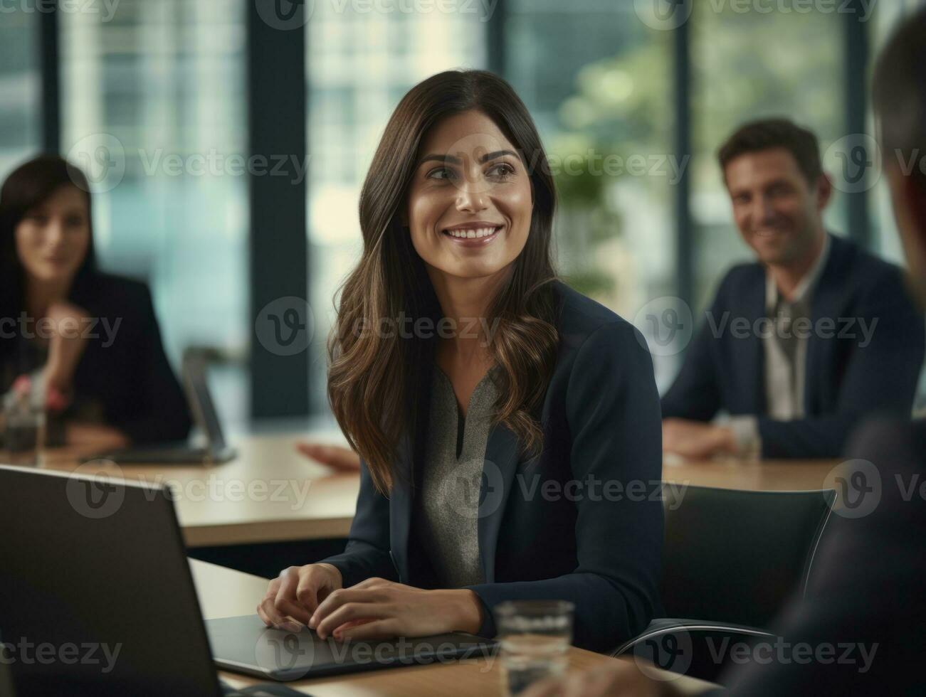 mulher dentro uma o negócio encontro conduzindo com confiança ai generativo foto