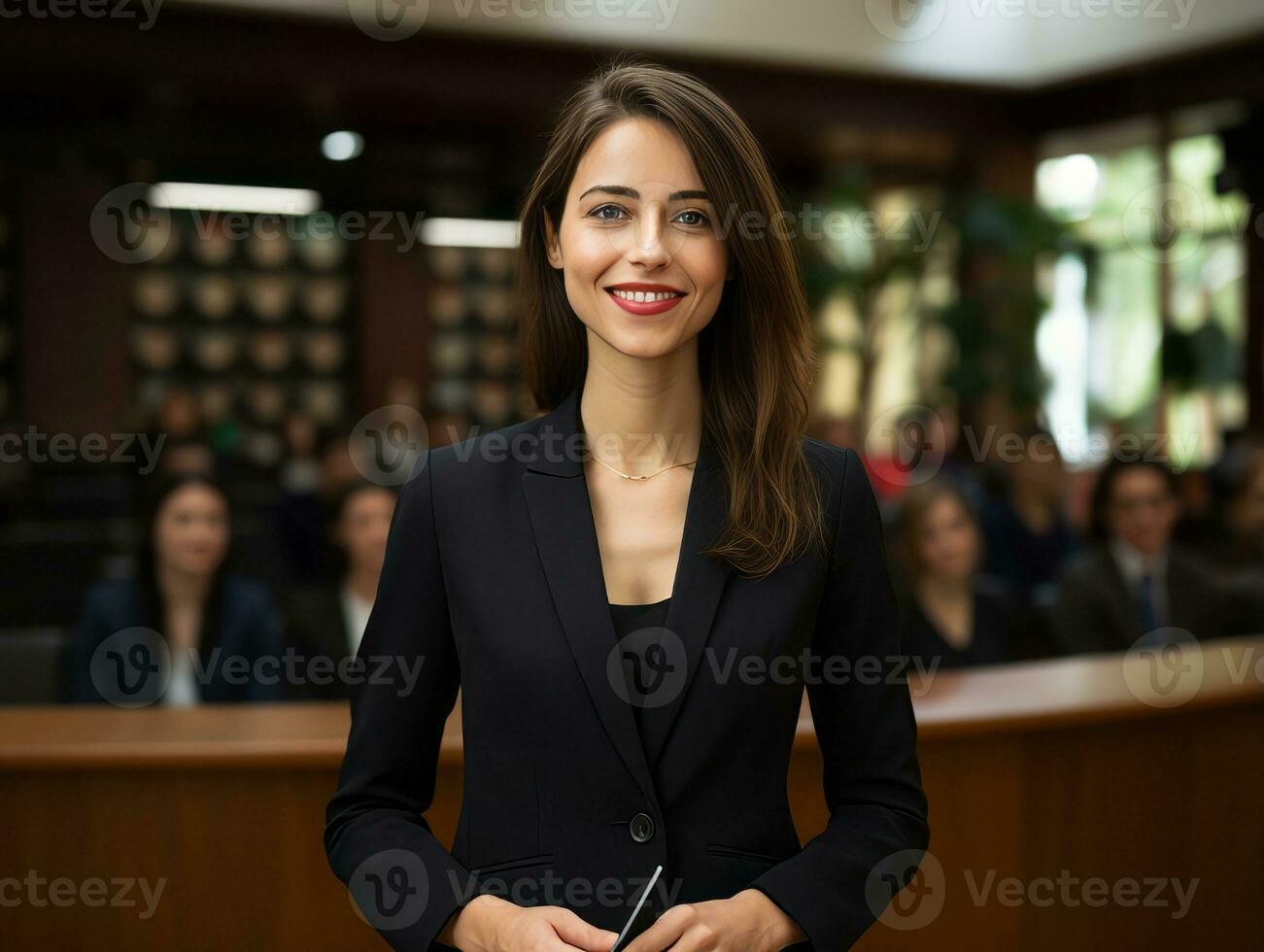 mulher dentro uma o negócio encontro conduzindo com confiança ai generativo foto