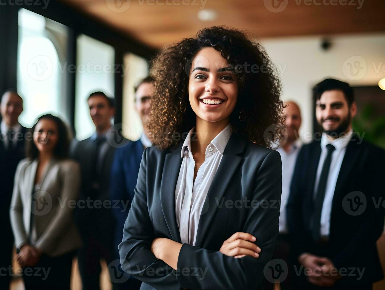 mulher dentro uma o negócio encontro conduzindo com confiança ai generativo foto