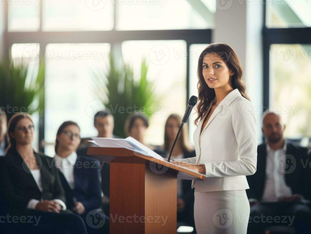 mulher dentro uma o negócio encontro conduzindo com confiança ai generativo foto