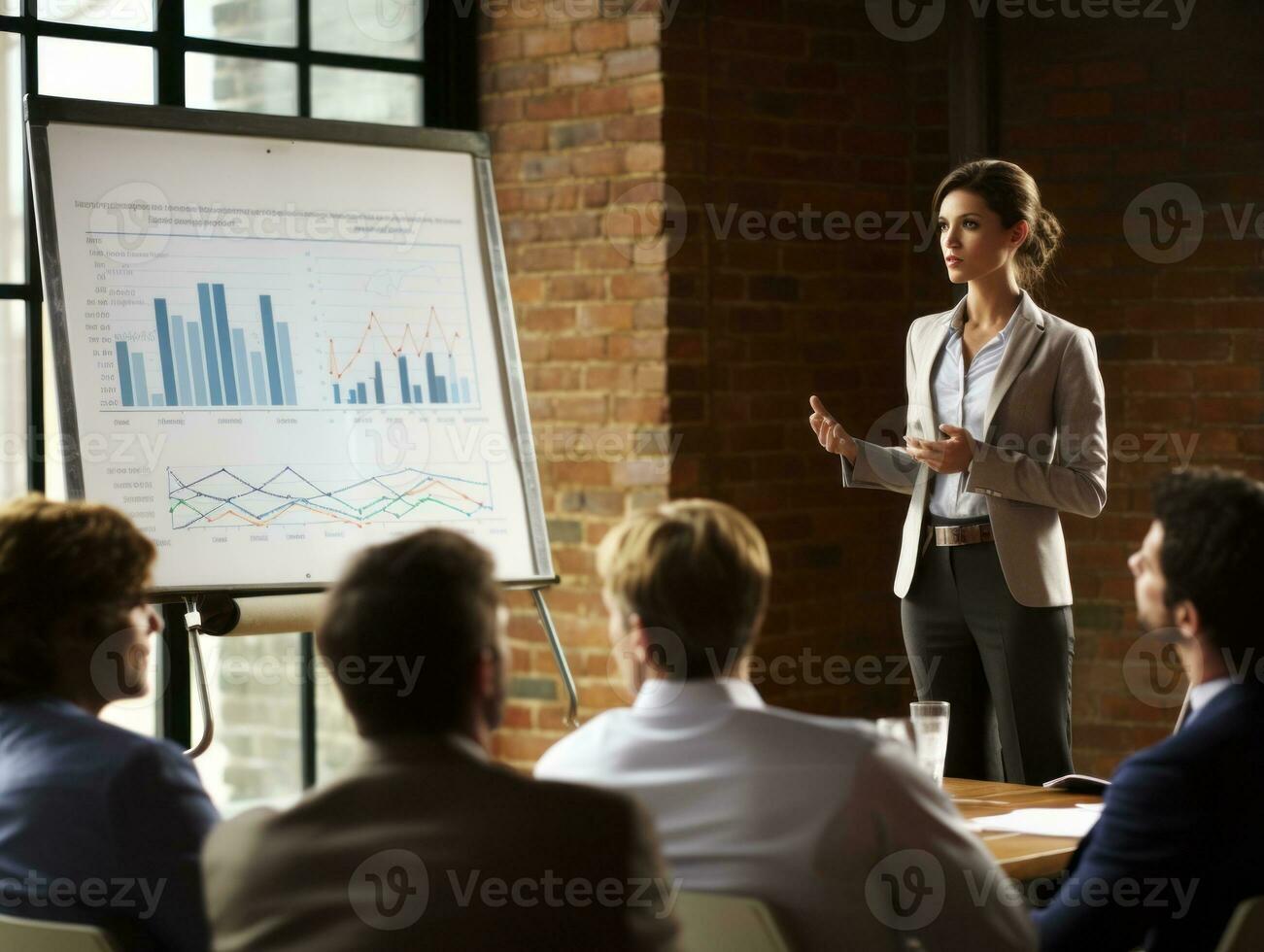 mulher dentro uma o negócio encontro conduzindo com confiança ai generativo foto