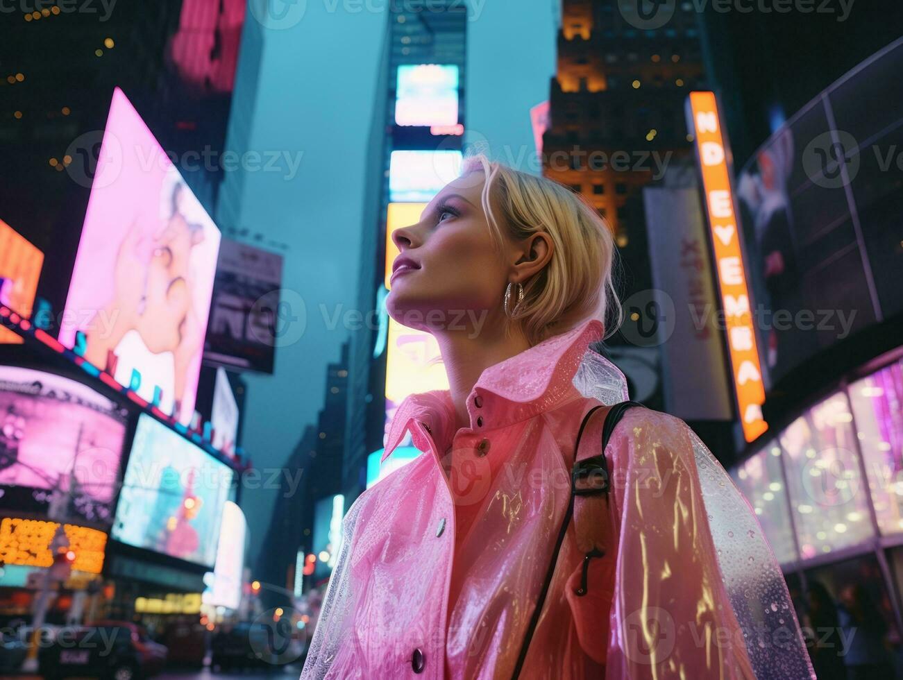 mulher dentro futurista roupas goza vagaroso passear através néon cidade ruas ai generativo foto