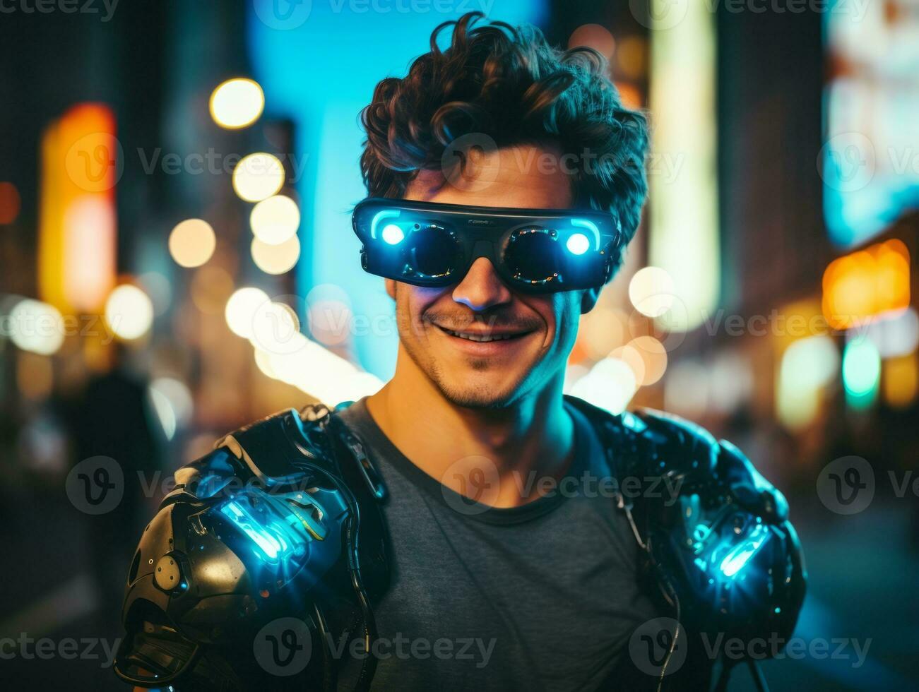 homem dentro futurista roupas goza uma vagaroso passear através uma cidade ruas ai generativo foto