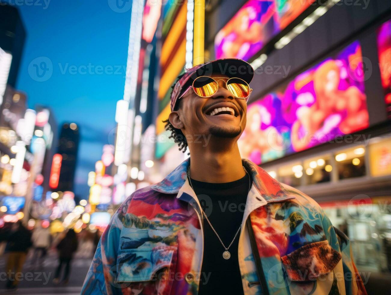 homem dentro futuro prova roupas goza uma vagaroso passear através uma néon aceso cidade ruas ai generativo foto