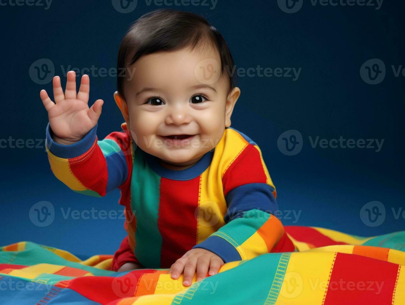 adorável bebê com vibrante roupas dentro uma brincalhão pose ai generativo foto