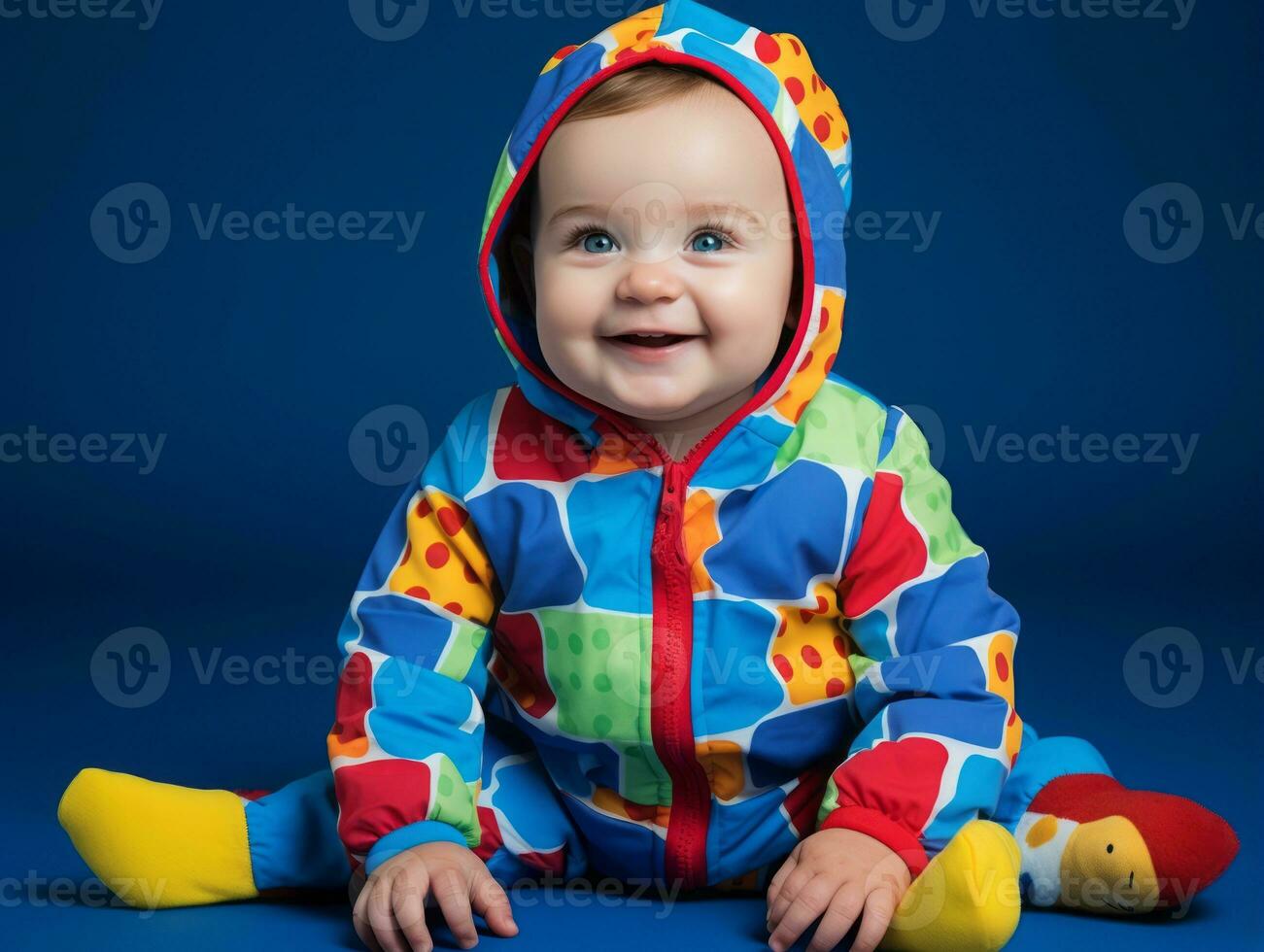 adorável bebê com vibrante roupas dentro uma brincalhão pose ai generativo foto