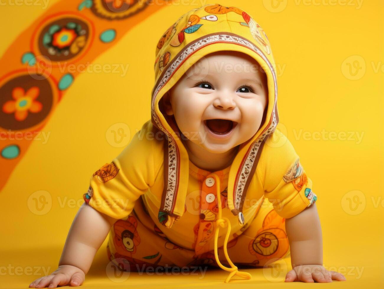 adorável bebê com vibrante roupas dentro uma brincalhão pose ai generativo foto