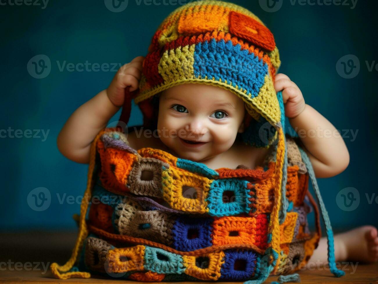 adorável bebê com vibrante roupas dentro uma brincalhão pose ai generativo foto