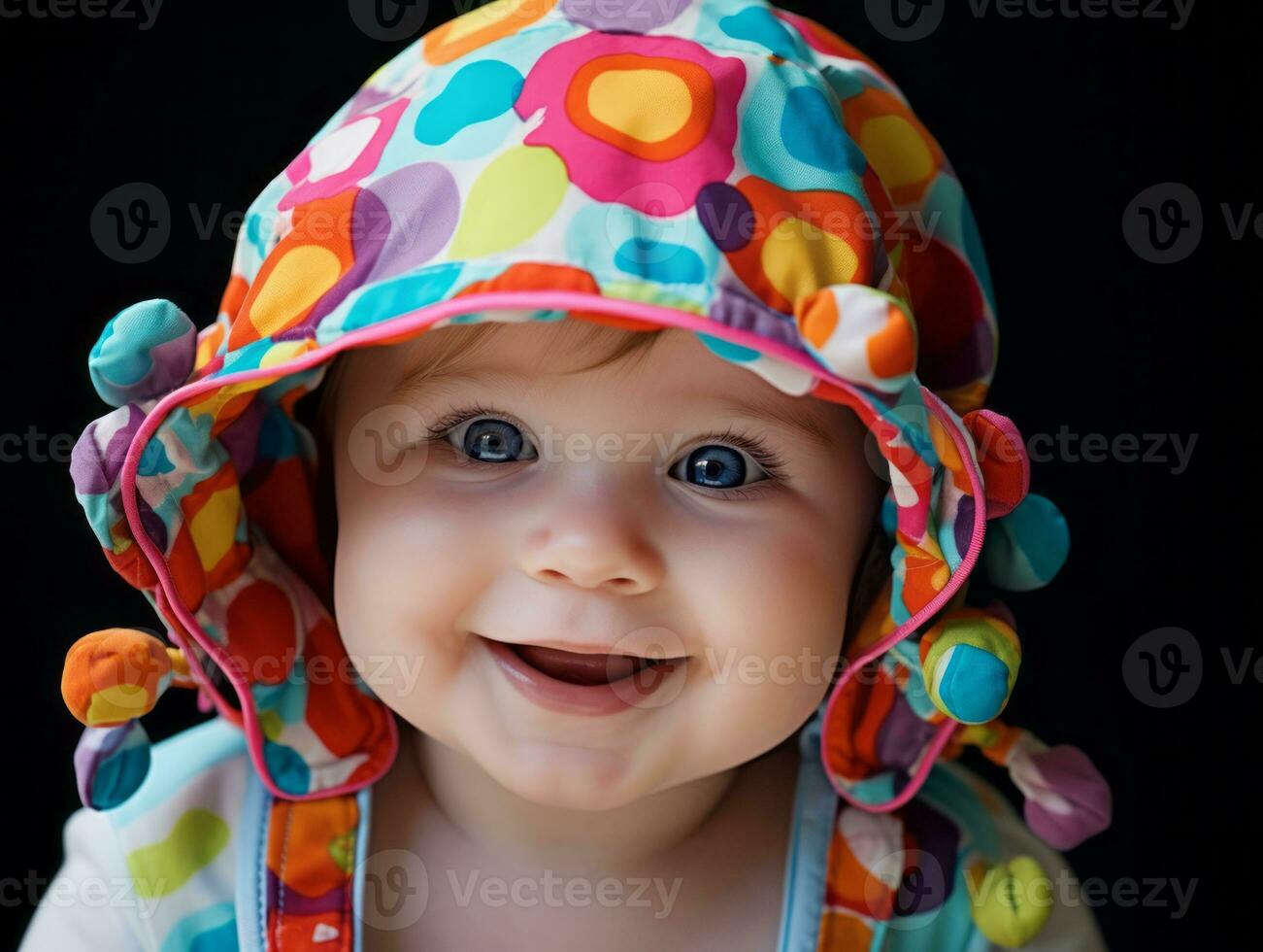 adorável bebê com vibrante roupas dentro uma brincalhão pose ai generativo foto