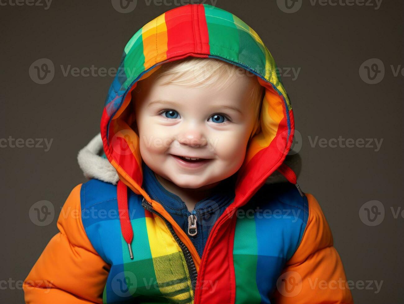 adorável bebê com vibrante roupas dentro uma brincalhão pose ai generativo foto