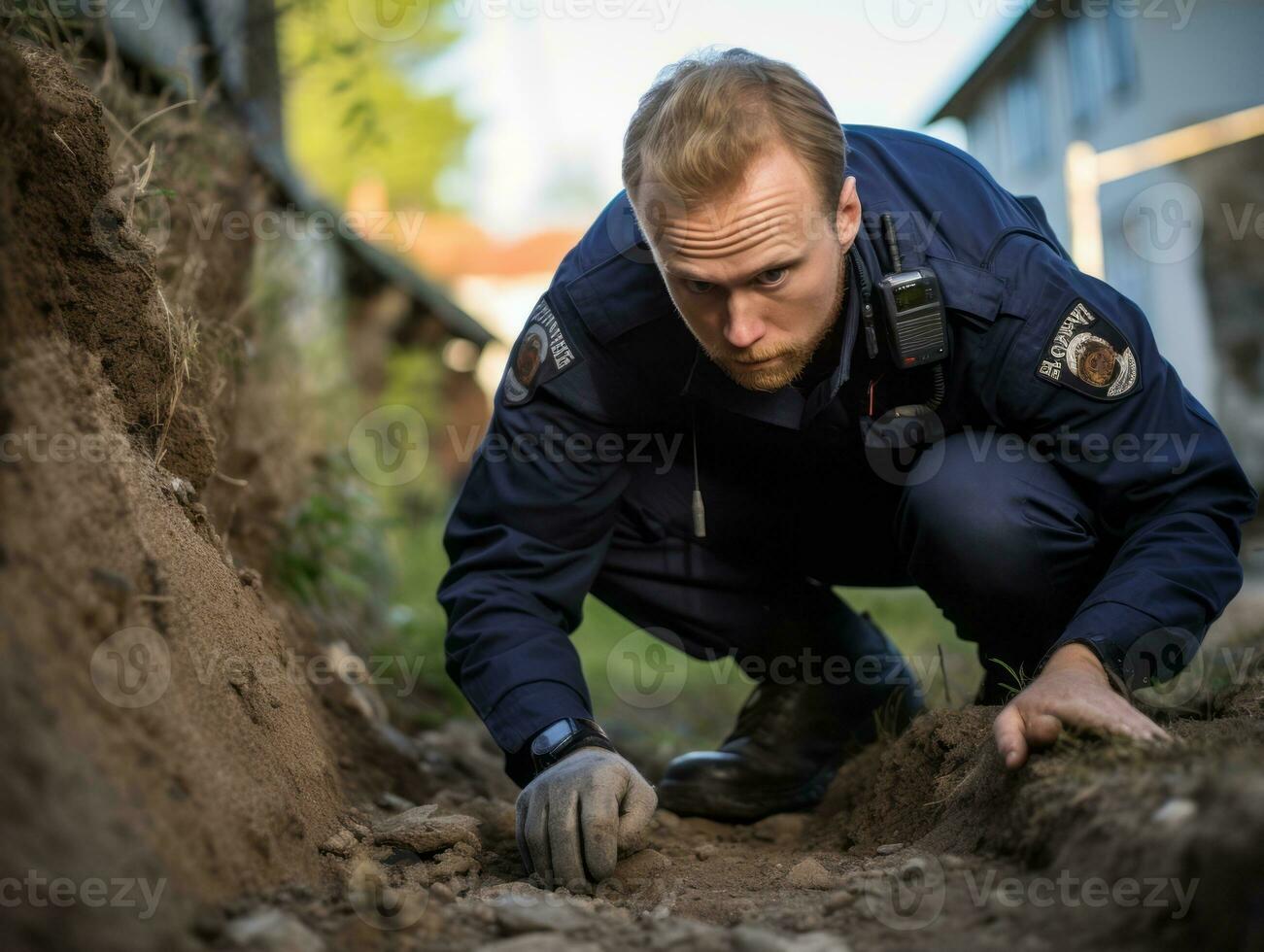 policial é meticulosamente examinando a cena para evidência durante dele investigação ai generativo foto