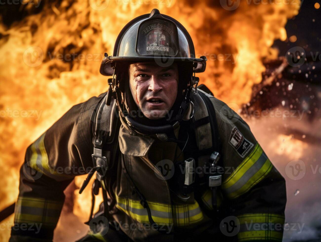 corajoso masculino bombeiro destemidamente confronta a ardente inferno ai generativo foto