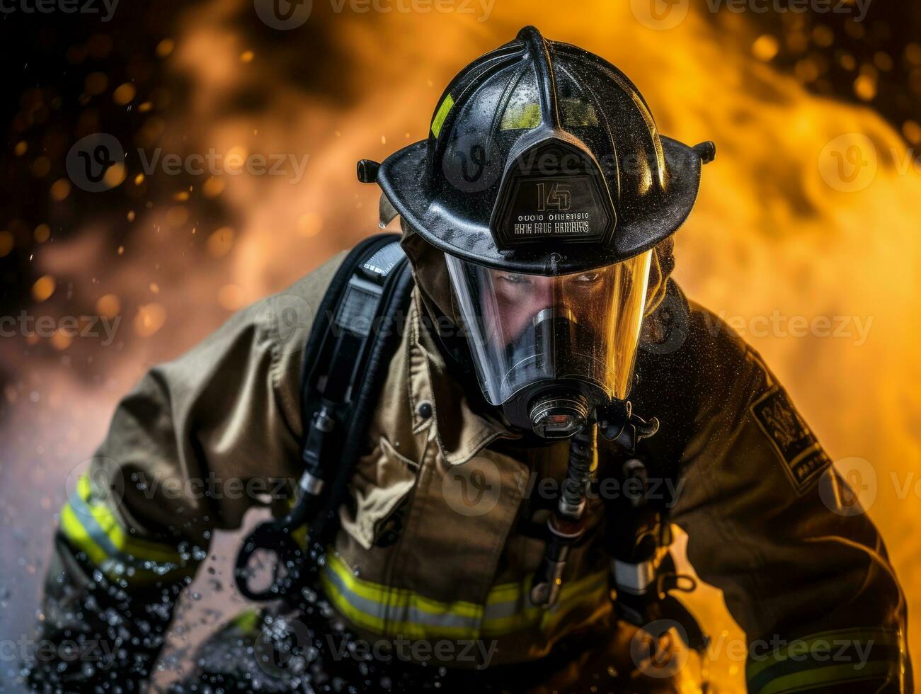 corajoso masculino bombeiro destemidamente confronta a ardente inferno ai generativo foto