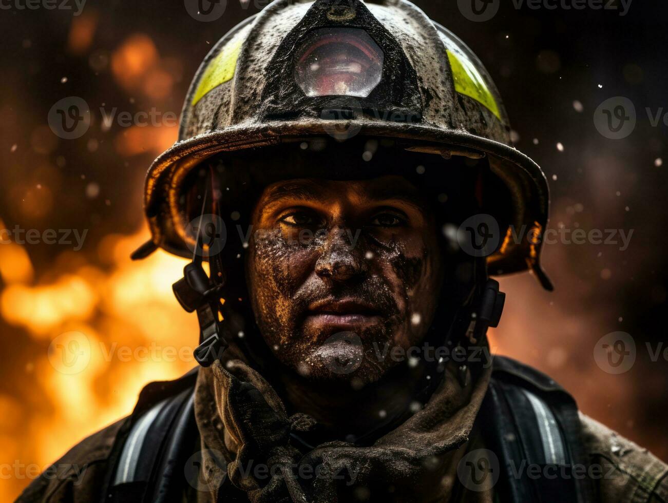 corajoso masculino bombeiro destemidamente confronta a ardente inferno ai generativo foto