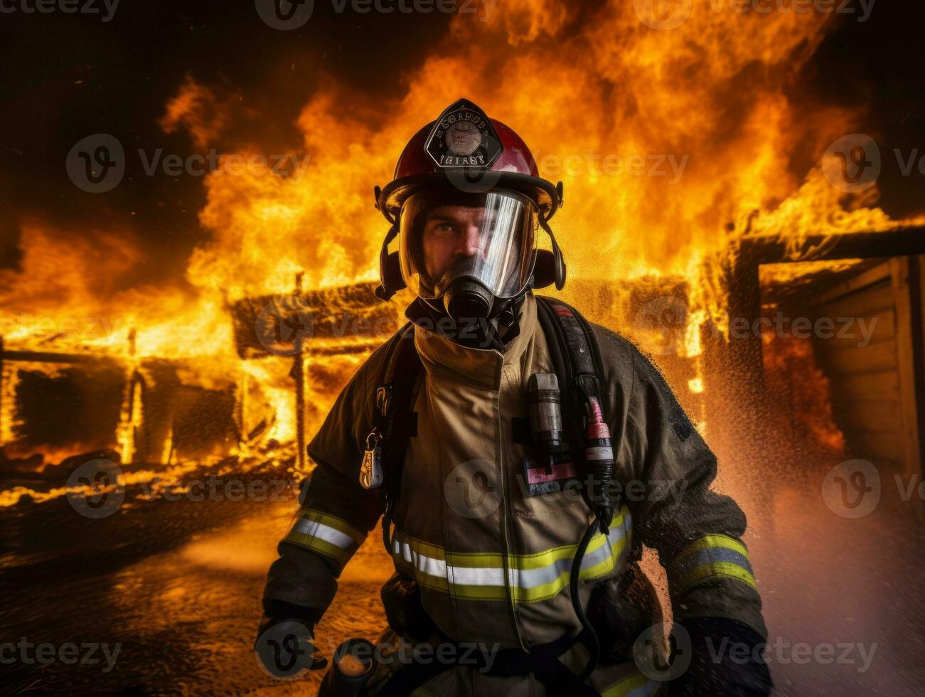 corajoso masculino bombeiro destemidamente confronta a ardente inferno ai generativo foto