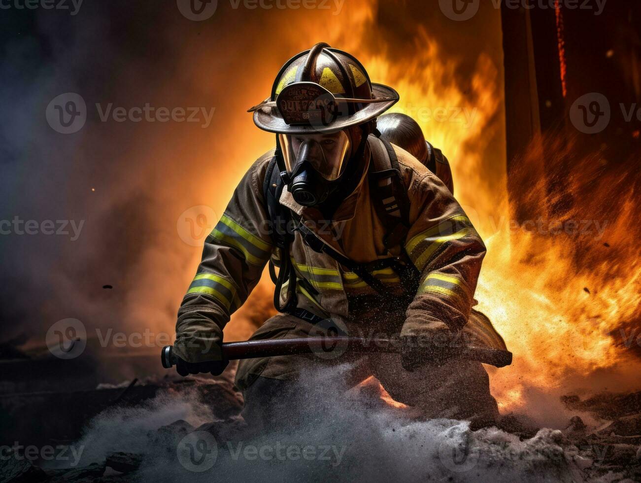 corajoso masculino bombeiro destemidamente confronta a ardente inferno ai generativo foto