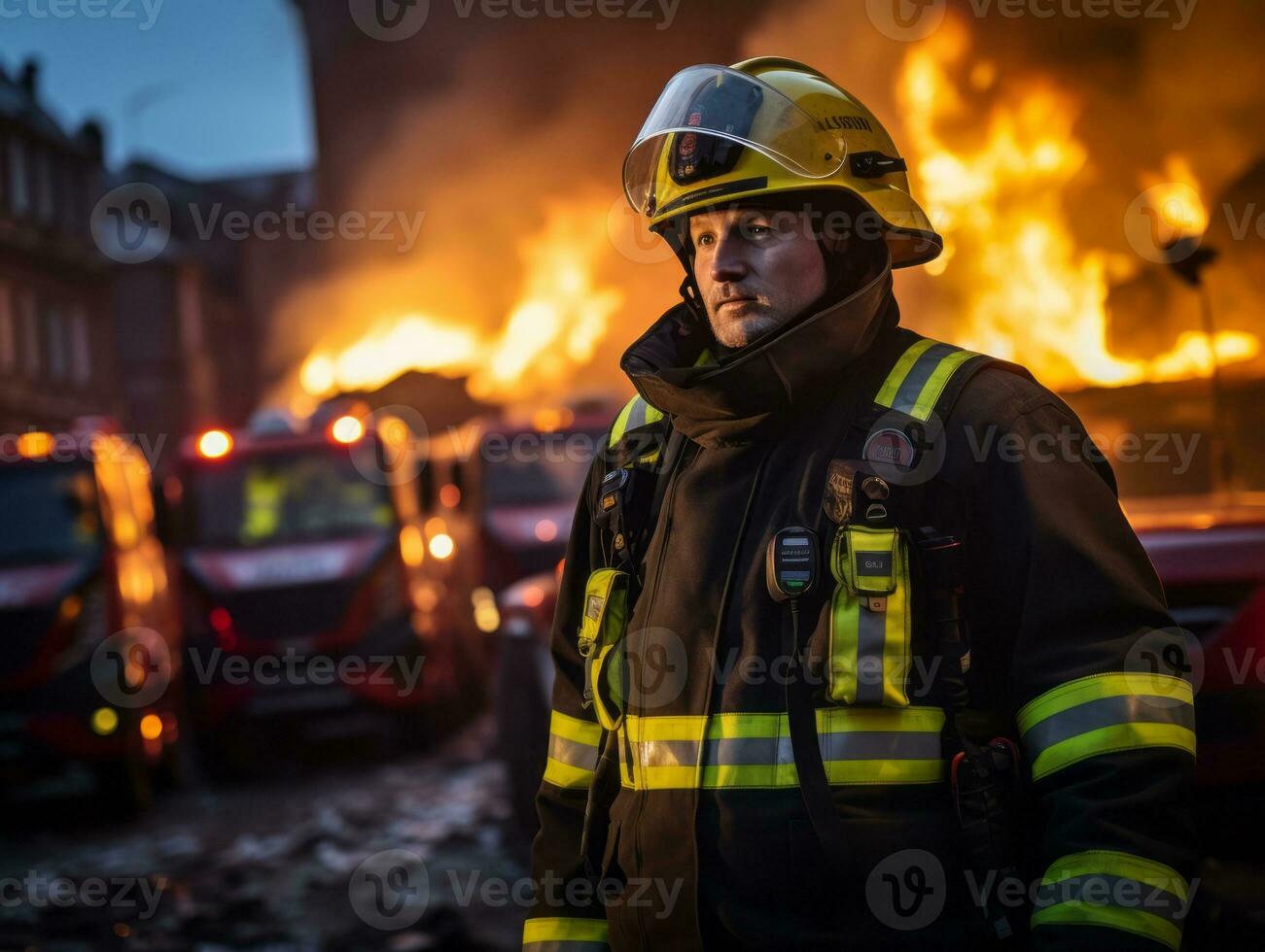 corajoso masculino bombeiro destemidamente confronta a ardente inferno ai generativo foto