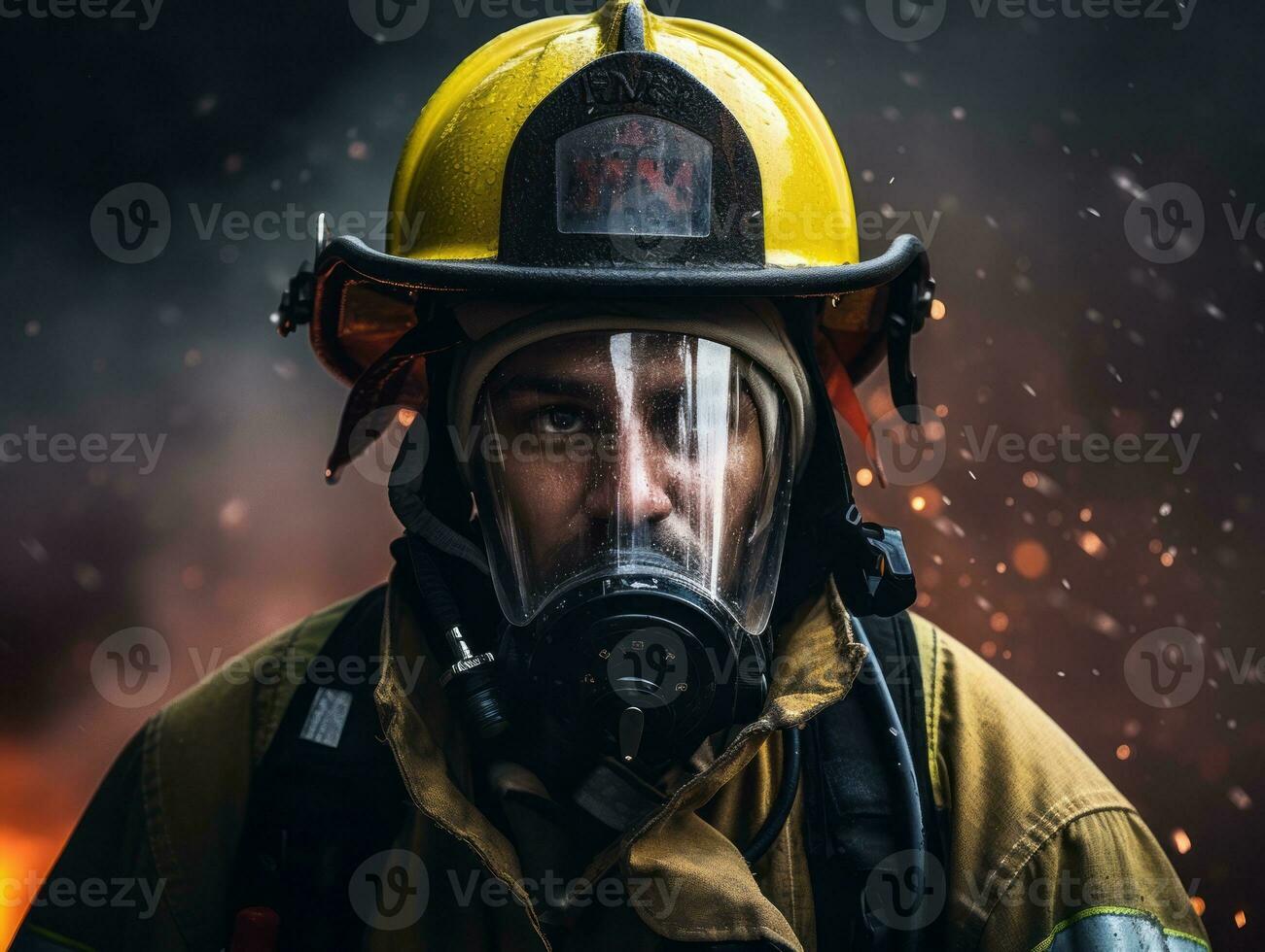 corajoso masculino bombeiro destemidamente confronta a ardente inferno ai generativo foto