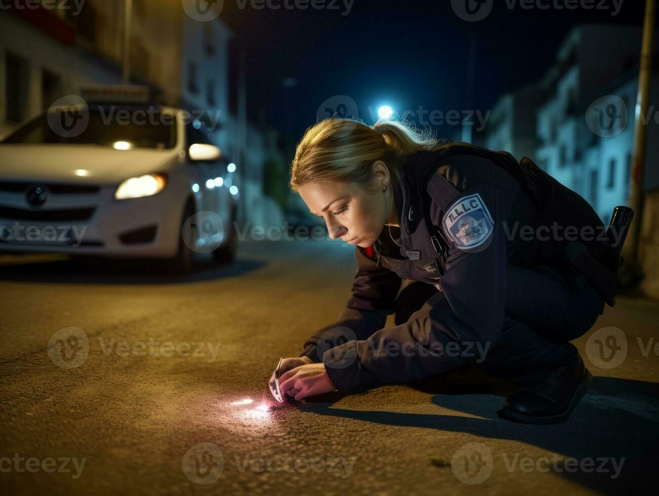 policial é cuidadosamente examinando a crime cena para potencial evidência ai generativo foto