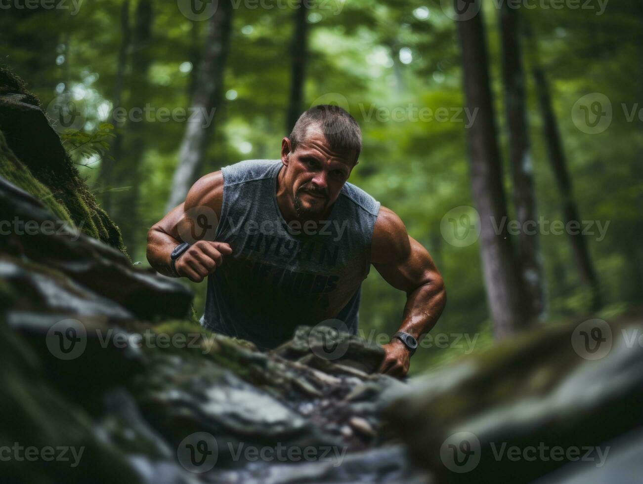 determinado homem sobe uma íngreme montanha trilha ai generativo foto