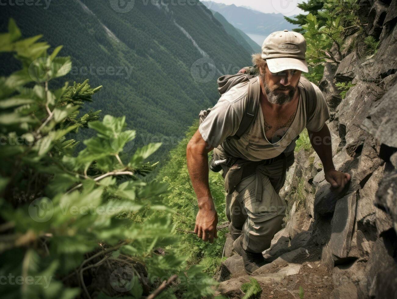 determinado homem sobe uma íngreme montanha trilha ai generativo foto