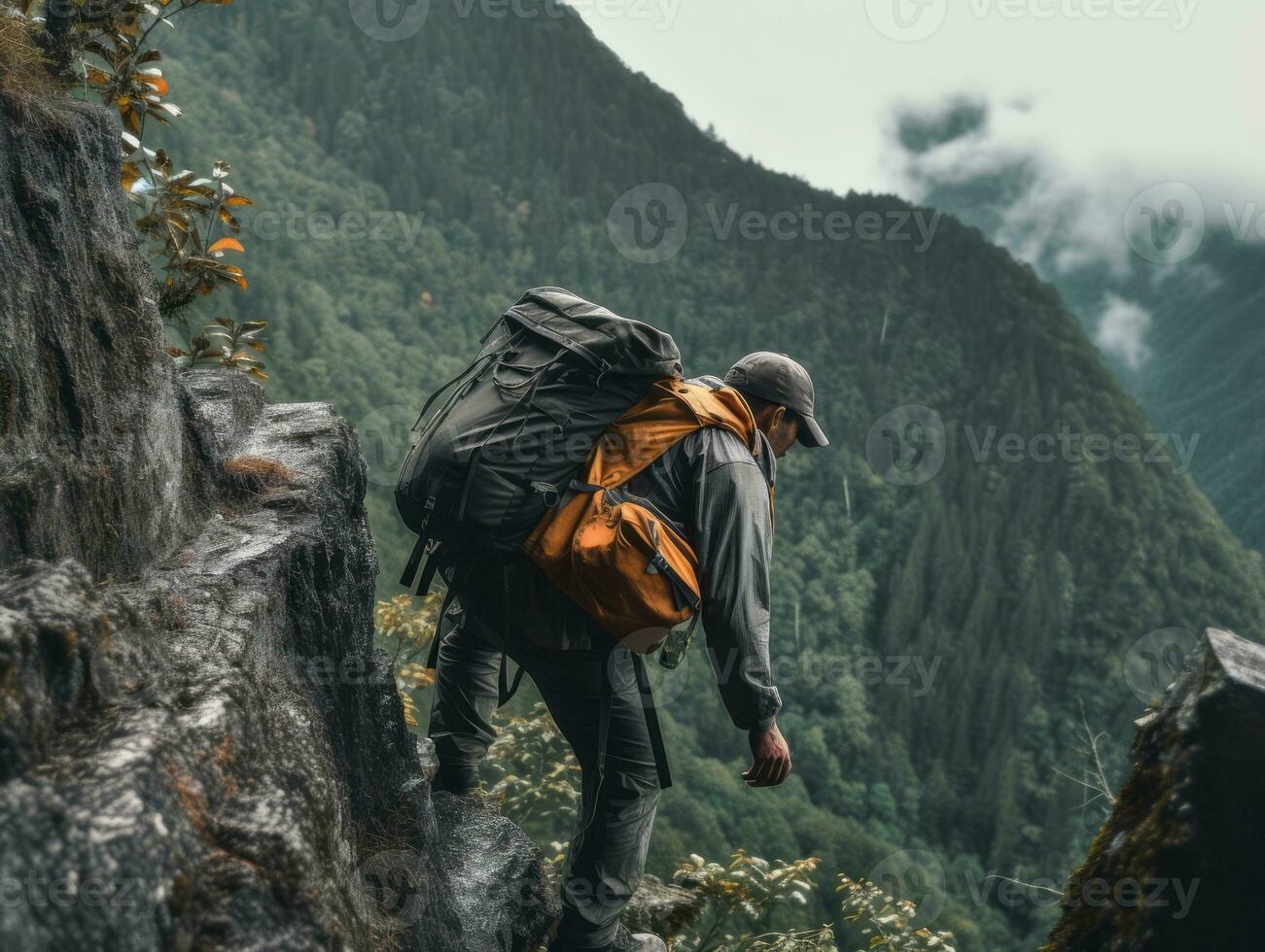 determinado homem sobe uma íngreme montanha trilha ai generativo foto