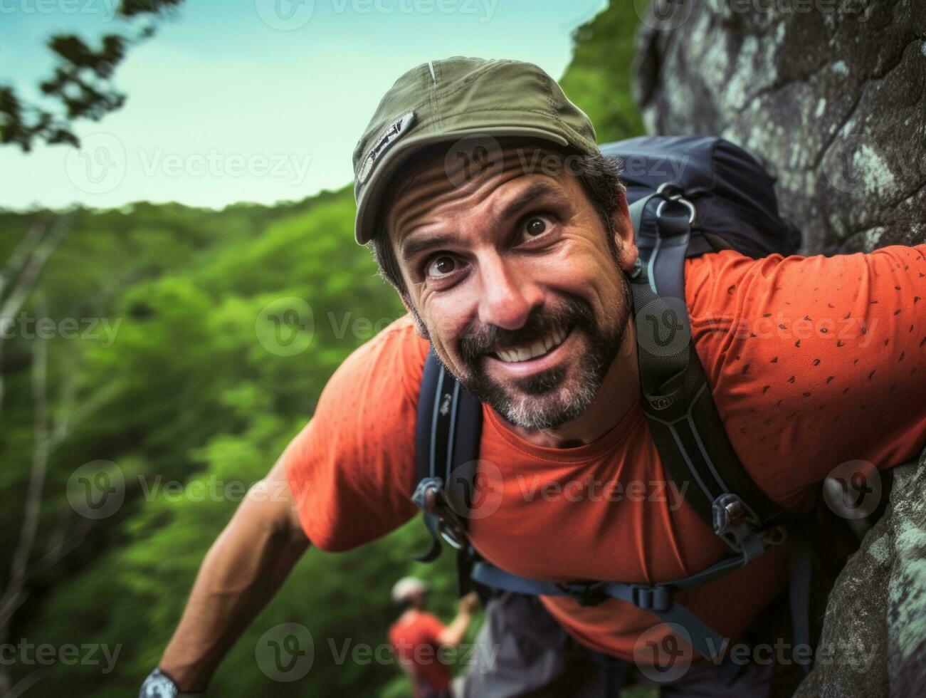 determinado homem sobe uma íngreme montanha trilha ai generativo foto