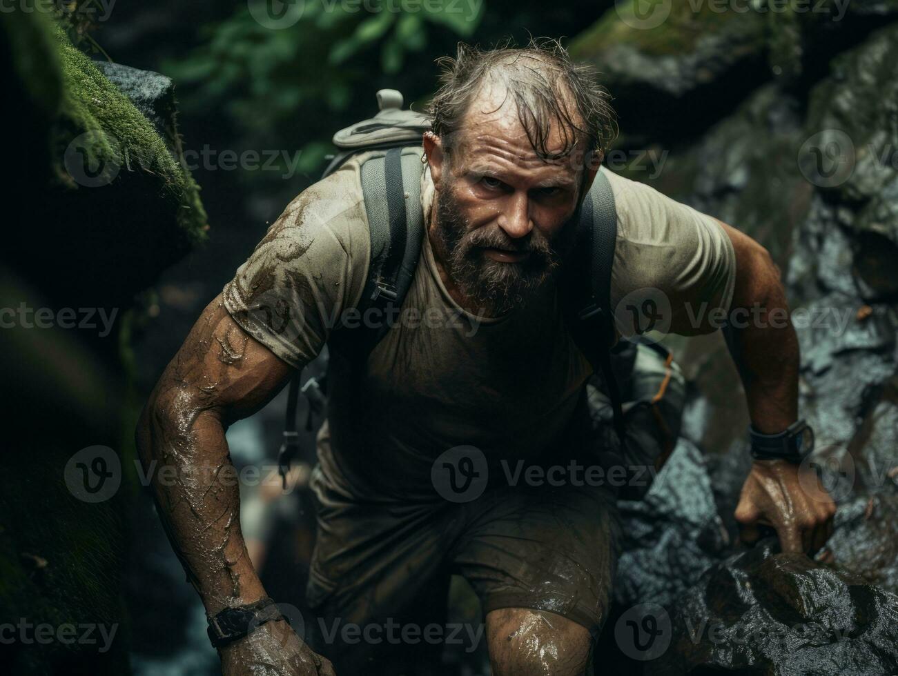 determinado homem sobe uma íngreme montanha trilha ai generativo foto