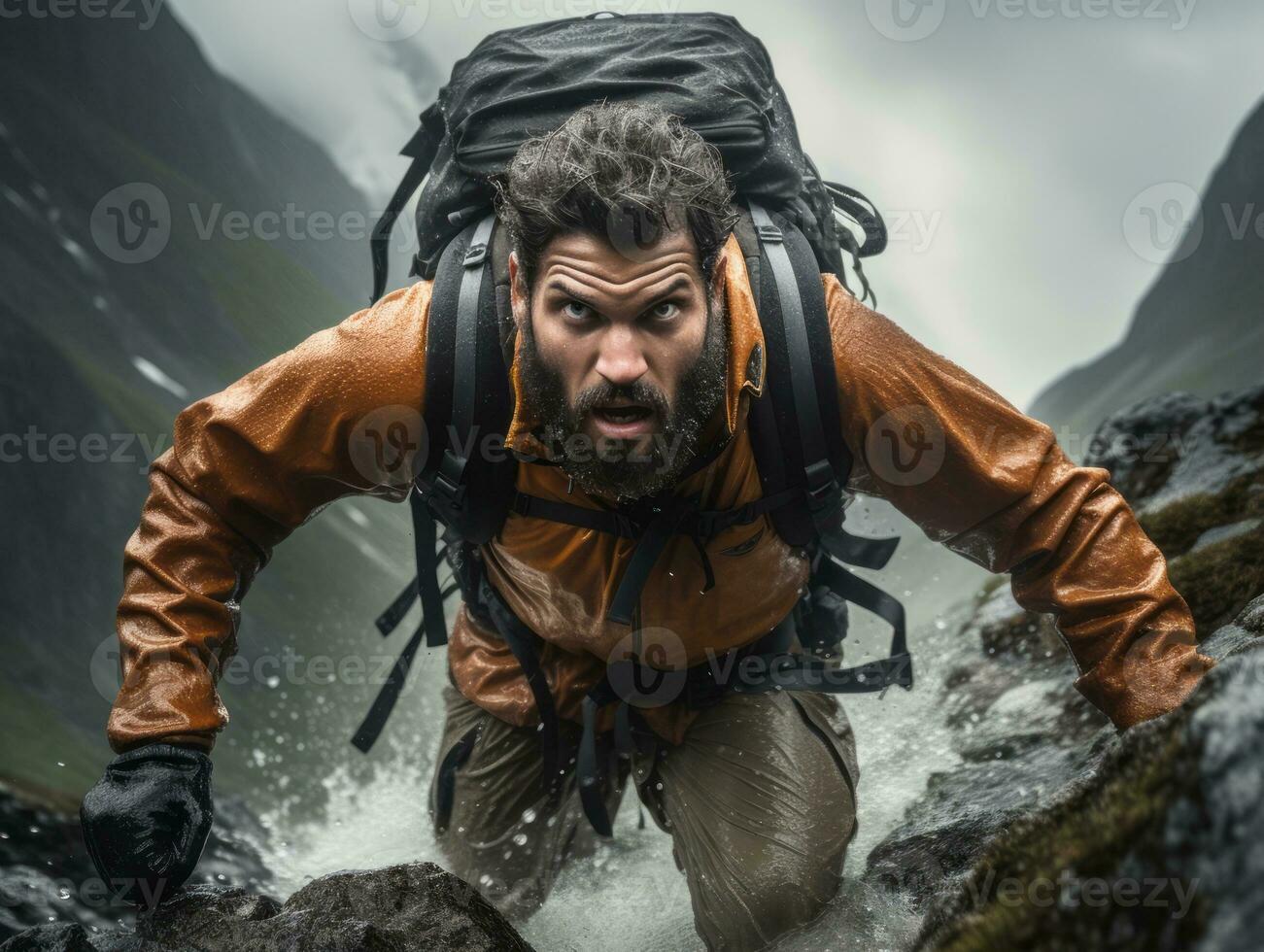 determinado homem sobe uma íngreme montanha trilha ai generativo foto