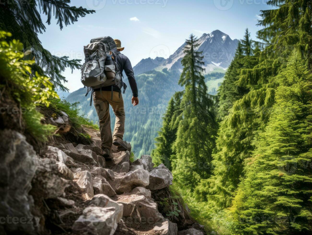 determinado homem sobe uma íngreme montanha trilha ai generativo foto