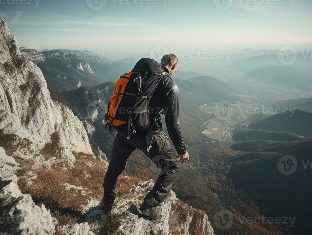 determinado homem sobe uma íngreme montanha trilha ai generativo foto