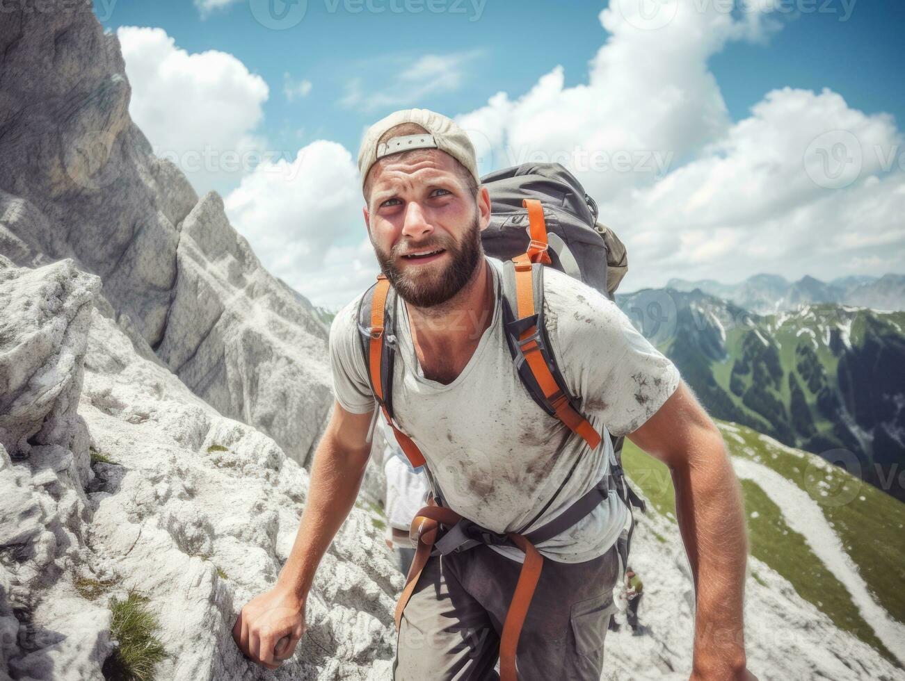 determinado homem sobe uma íngreme montanha trilha ai generativo foto