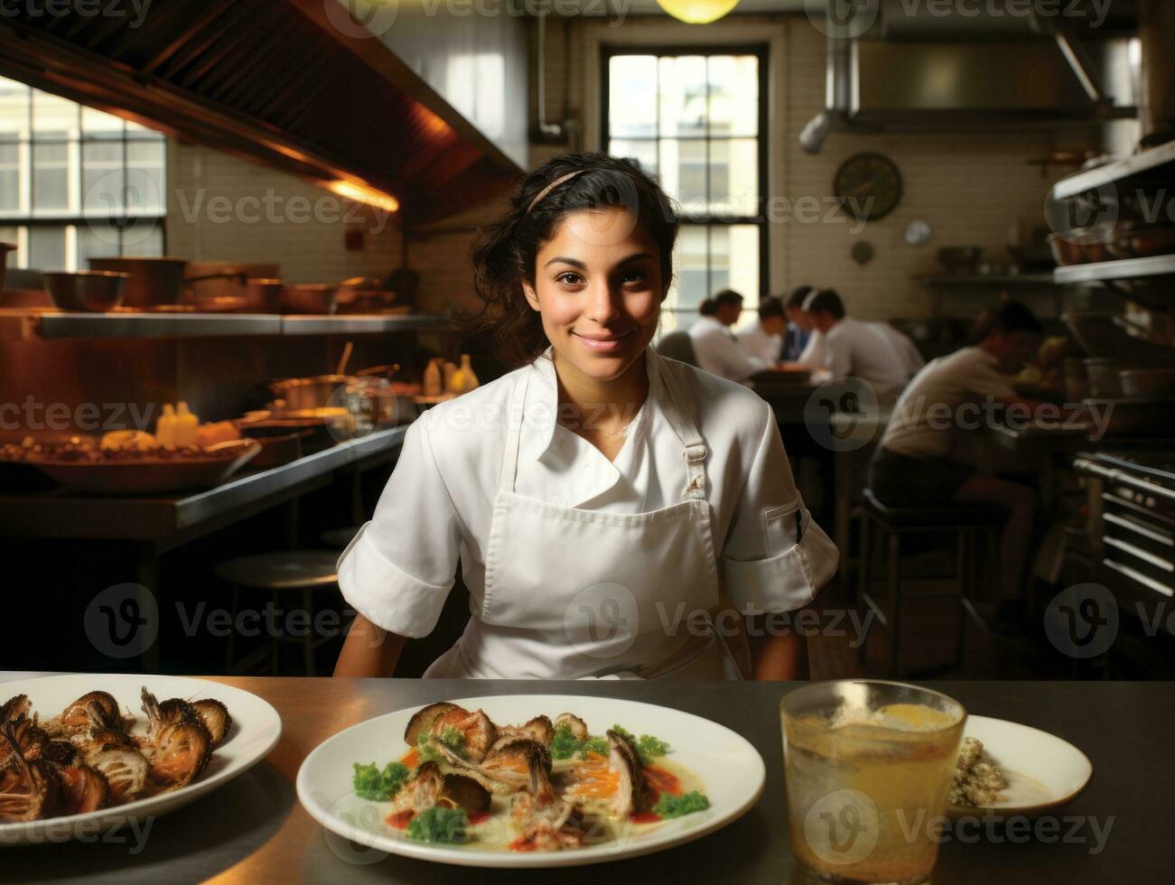 fêmea chefe de cozinha cria culinária obras-primas dentro uma movimentado cozinha ai generativo foto