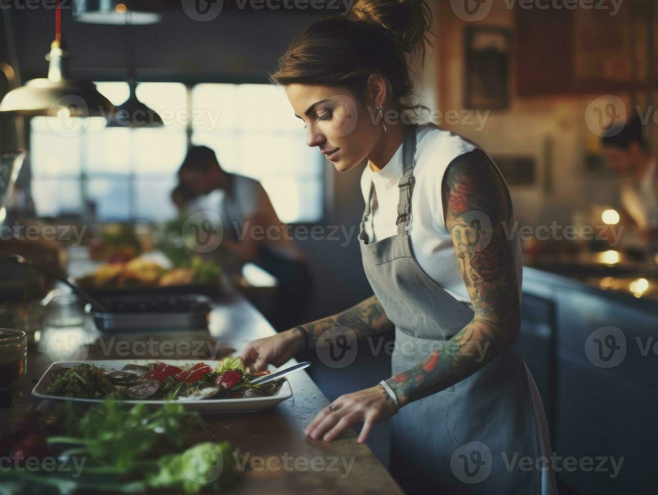 fêmea chefe de cozinha cria culinária obras-primas dentro uma movimentado cozinha ai generativo foto