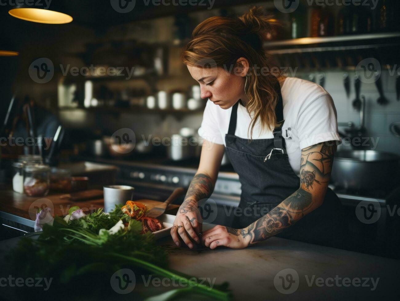 fêmea chefe de cozinha cria culinária obras-primas dentro uma movimentado cozinha ai generativo foto