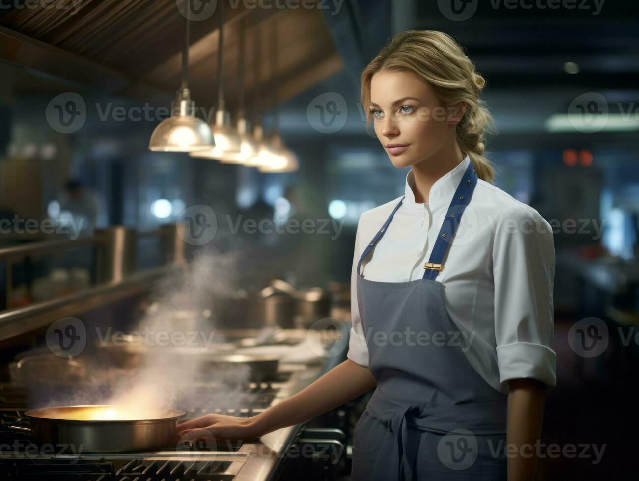 fêmea chefe de cozinha cria culinária obras-primas dentro uma movimentado cozinha ai generativo foto