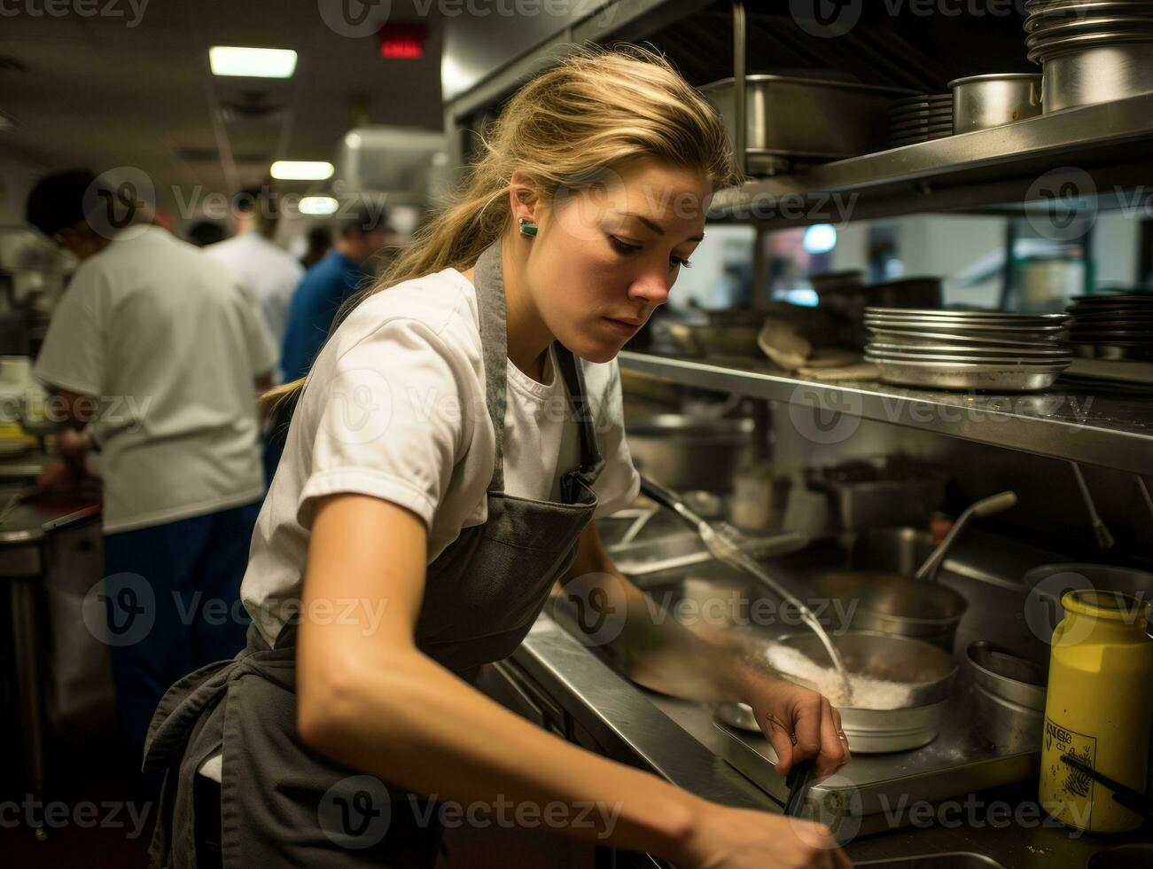 fêmea chefe de cozinha cria culinária obras-primas dentro uma movimentado cozinha ai generativo foto