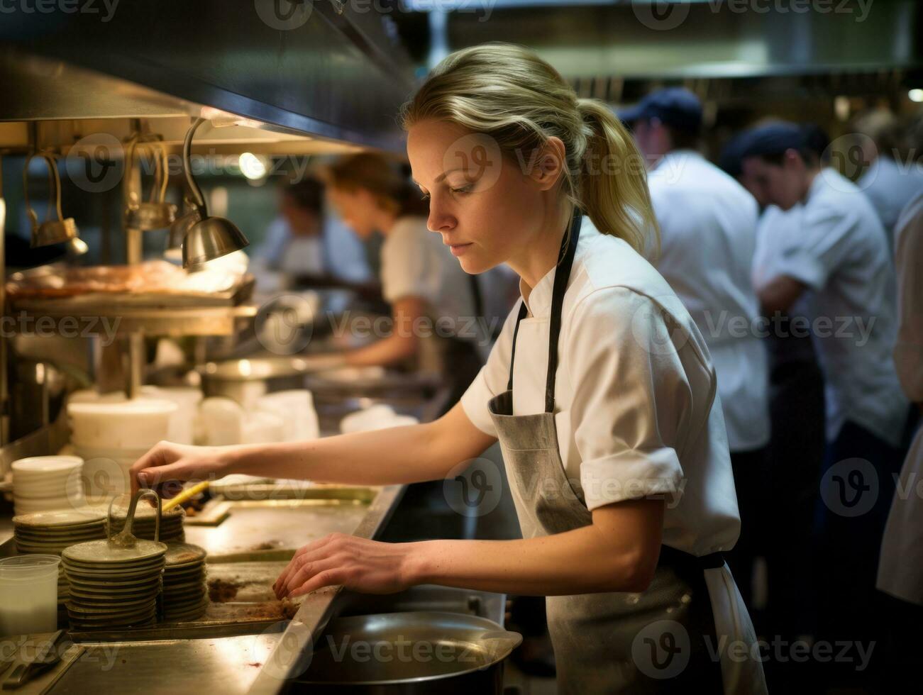 fêmea chefe de cozinha cria culinária obras-primas dentro uma movimentado cozinha ai generativo foto