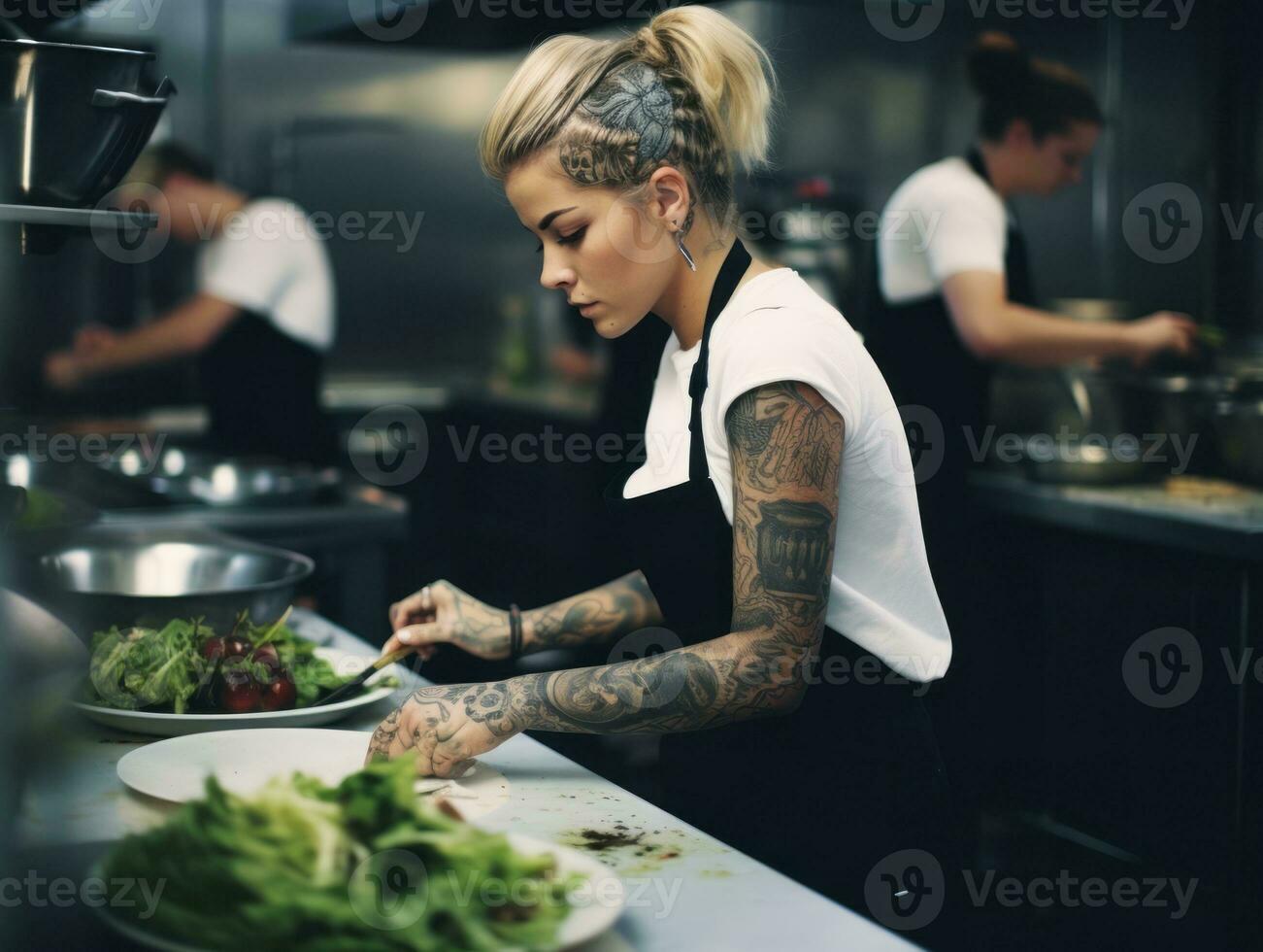 fêmea chefe de cozinha cria culinária obras-primas dentro uma movimentado cozinha ai generativo foto