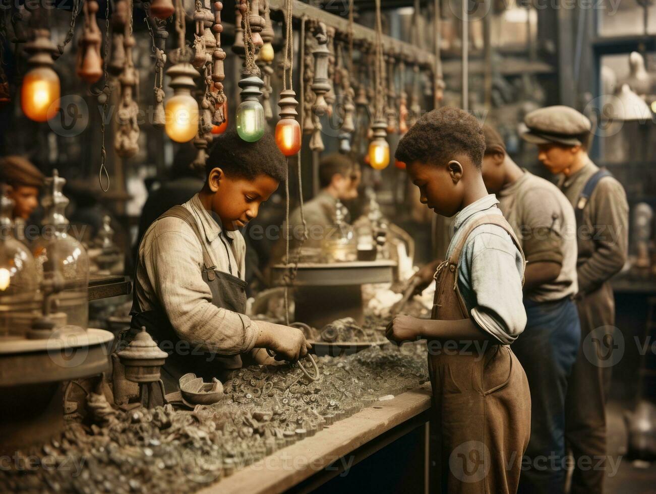 histórico colori foto do uma crianças diariamente trabalhos dentro a 1900 ai generativo